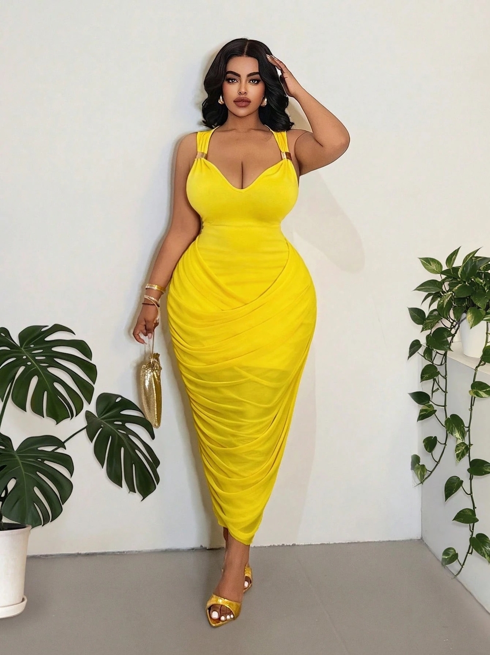 SHEIN Bright Yellow Ruched Midi Dress